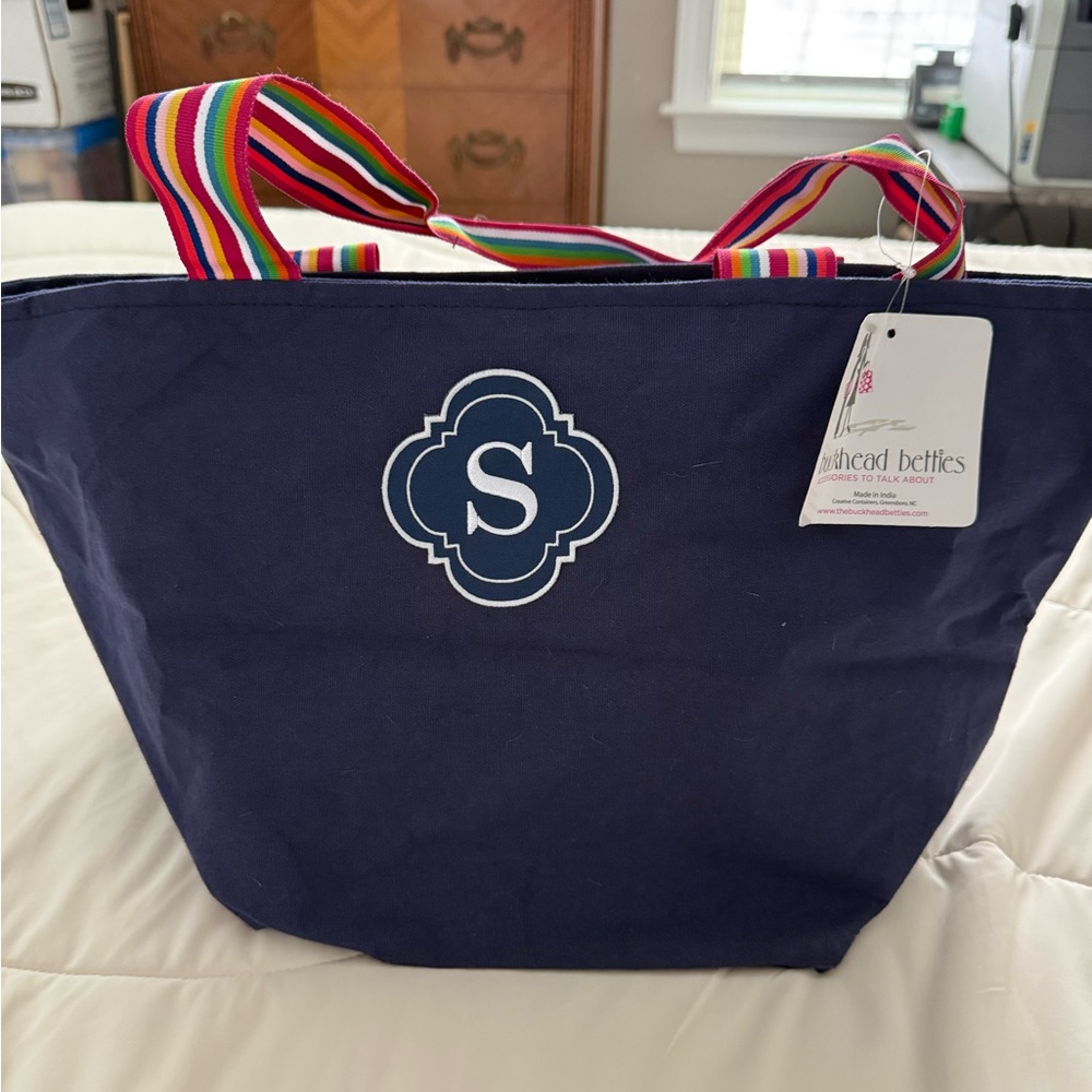 Navy Blue Monogram Tote Bag with Rainbow Straps